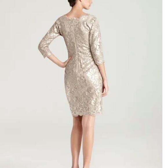 Tadashi Shoji Embroidered Sequin Lace Sand Beige Cocktail Dress Size 12 - Picture 4 of 13